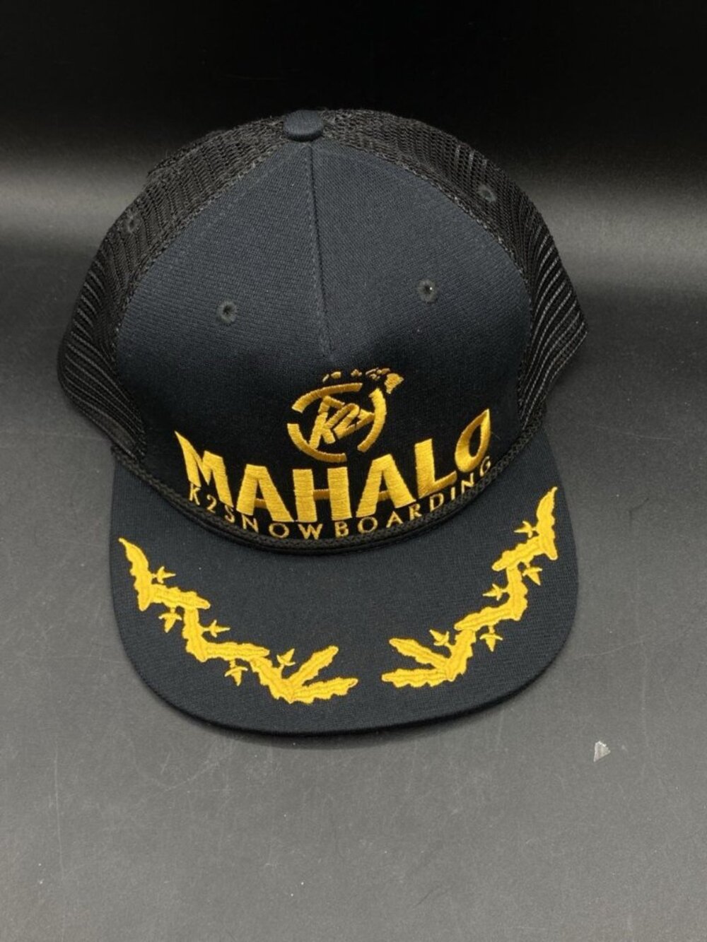 K2 Ski Snowboarding Hat Mesh Snap Back Navy Mahalo Scrambled Eggs USA 80’s